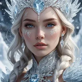 A close-up of a beautiful female ice sorceress, her skin pale as snow, adorned with intricate ice patterns that seem to move and breathe, her expression serene yet powerful, surrounded by a halo of floating ice crystals.