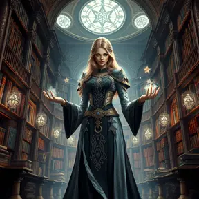 A powerful female sorceress standing before a grand, ancient library, her eyes scanning the endless rows of books, her hands glowing with arcane knowledge, the walls adorned with intricate runes and symbols.