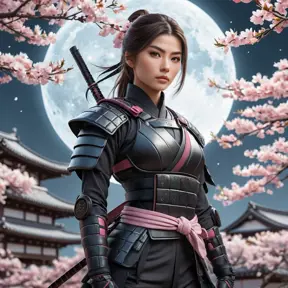 A beautiful female ninja standing amidst a serene cherry blossom garden under a full moon, her outfit a blend of traditional Japanese attire and modern tactical gear, her eyes sharp and focused, with soft, ethereal lighting enhancing her mysterious presence