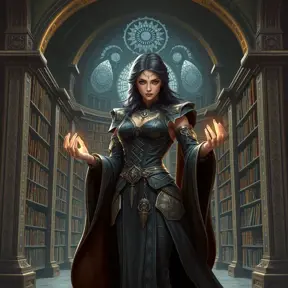 A powerful female sorceress standing before a grand, ancient library, her eyes scanning the endless rows of books, her hands glowing with arcane knowledge, the walls adorned with intricate runes and symbols.