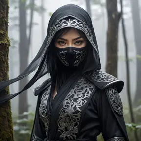 A captivating female ninja concealed within a mist-laden forest, her features partially obscured by a veil of fog, her attire a mix of stealthy dark fabrics and intricate silver detailing, the environment around her both haunting and enchanting