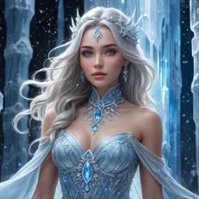 An ethereal portrait of a beautiful female ice sorceress, her eyes shimmering with a cold, blue light, wearing a gown made of frost and snowflakes, standing in a grand hall of ice pillars that reach towards a starry night sky.