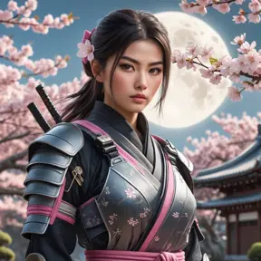 A beautiful female ninja standing amidst a serene cherry blossom garden under a full moon, her outfit a blend of traditional Japanese attire and modern tactical gear, her eyes sharp and focused, with soft, ethereal lighting enhancing her mysterious presence