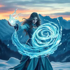 A breathtaking scene of a female ice sorceress casting a spell, her hands emitting a swirling vortex of ice and snow, creating a frozen tornado that twists around her, set against a backdrop of a snowy mountain range at twilight.