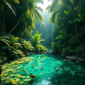 A lush, overgrown jungle clearing, where sunlight filters through dense foliage, illuminating a crystal-clear pool teeming with exotic wildlife.