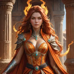 A stunning female fire sorceress, depicted in a grand, ancient temple, surrounded by pillars carved with fiery symbols, her attire a blend of flowing robes and fiery armor, her hair ablaze with ethereal fire, her expression serene yet powerful.