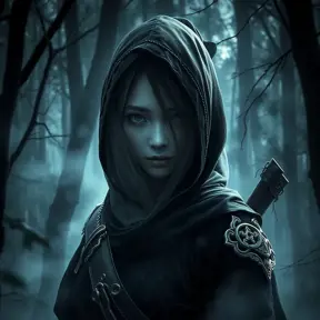 A captivating female ninja concealed within a mist-laden forest, her features partially obscured by a veil of fog, her attire a mix of stealthy dark fabrics and intricate silver detailing, the environment around her both haunting and enchanting