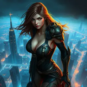 A breathtaking female rogue from StarCraft, perched atop a towering skyscraper overlooking a sprawling cybernetic cityscape, the wind tousling her hair, her gaze distant yet sharp, her body poised for action, the city lights twinkling below.