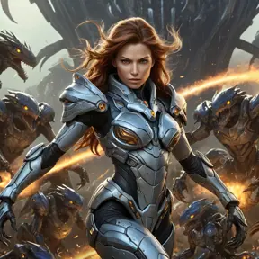 Sarah Kerrigan, the ruler of the Swarm, portrayed in a dynamic action shot, her body contorted in a battle stance, surrounded by a swarm of Zerglings, her armor detailed with the textures of chitinous plates and glowing veins, against a backdrop of a burning Terran colony.