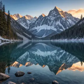 A serene mountain lake at dawn, surrounded by towering peaks dusted with snow, their reflections shimmering on the still water's surface.