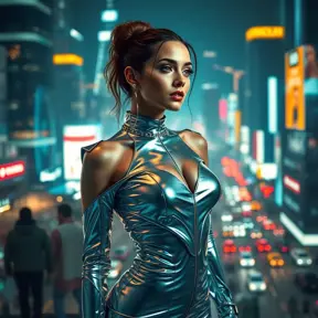 A mesmerizing model in a futuristic, metallic outfit, standing against a backdrop of a bustling city at night, neon lights reflecting off her glossy attire.