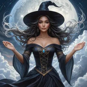 A captivating female witch, with hair as dark as midnight and skin as pale as moonlight, floats above a sea of clouds, her hands weaving patterns in the air as she casts a spell, the sky above her filled with streaks of iridescent light.