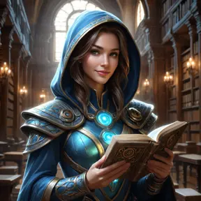 A mesmerizing female rogue from StarCraft, cloaked in shadows within a grand, ancient library filled with holographic scrolls and digital artifacts, her hands gently touching a glowing ancient tome, her face partially hidden, revealing a mysterious smile.