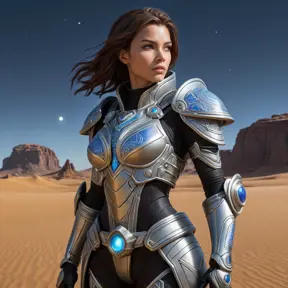 A captivating female rogue from StarCraft, standing at the edge of a vast, alien desert under a twilight sky, her armor adorned with intricate tribal patterns, a holographic map floating before her, her stance confident and ready for adventure.