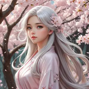 A serene anime character with long silver hair, standing amidst a cherry blossom forest, the petals swirling around her in a gentle breeze, her eyes reflecting the soft pink hues of the blossoms.