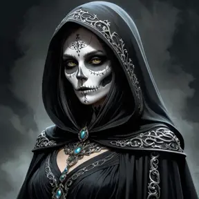 Ker, the enigmatic goddess of death, depicted in a shadowy realm, her form cloaked in a billowing black gown adorned with skeletal motifs, her face hidden beneath a hood, only her piercing eyes visible, glowing with an otherworldly light, the air around her heavy with the scent of decay.