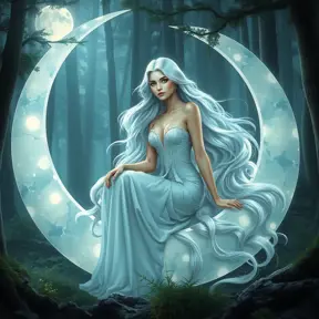 In a mystical forest clearing, Selene, the moon goddess, sits gracefully on a crescent-shaped throne made of moonstone. Her eyes shimmer like the night sky, and her hair cascades like a river of light, reflecting the gentle moonlight that filters through the trees.