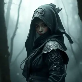 A captivating female ninja concealed within a mist-laden forest, her features partially obscured by a veil of fog, her attire a mix of stealthy dark fabrics and intricate silver detailing, the environment around her both haunting and enchanting