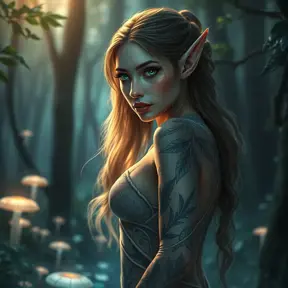 A stunning elf woman with intricate, leaf-patterned tattoos, standing amidst a luminous forest glade, her eyes reflecting the soft glow of bioluminescent fungi.