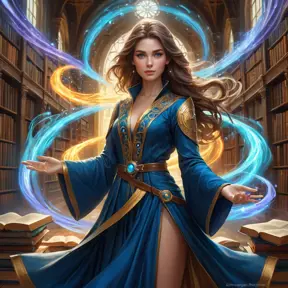 A beautiful female mage standing amidst a swirling vortex of colorful magical energies, her eyes glowing with an inner light, her robes flowing with the motion of the spell she's casting, set in a grand library filled with ancient tomes