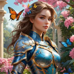 A graceful female paladin, her armor painted with vibrant colors and patterns, standing in a serene garden filled with blooming flowers and fluttering butterflies, a gentle breeze stirring her hair