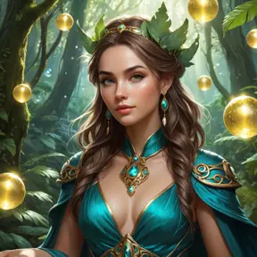 A breathtaking female mage in a lush, enchanted forest, surrounded by floating orbs of light, her attire a mix of natural elements and magical artifacts, her expression serene and focused