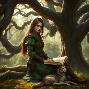 A captivating female ranger sitting under the boughs of an ancient, sprawling oak tree, her back against the trunk, a book open in her lap, the forest around her alive with the sounds of nature, her expression peaceful, a small, loyal wolfhound resting at her side.