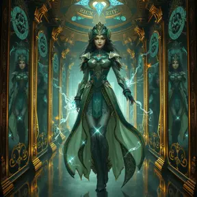 A magnificent female mage within a grand hall of mirrors, each reflecting her image surrounded by different magical effects, her outfit a masterpiece of intricate design and glowing runes