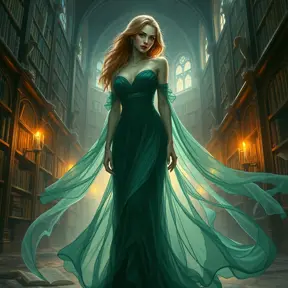 A mysterious female ghost, her beauty accentuated by the soft, warm glow of candlelight, dressed in a flowing, emerald green gown, standing in an old, abandoned library filled with towering bookshelves and fluttering pages.