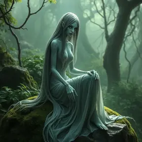 Imagine a serene yet eerie scene of a female wraith from Elden Ring, seated gracefully on a moss-covered stone, her pale hands resting gently on her knees, her serene expression contrasting with her spectral nature, the background a lush, overgrown garden bathed in soft, greenish light.