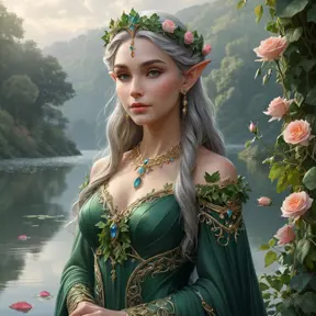 A majestic elf queen, adorned in a gown of woven ivy and blooming roses, standing at the edge of a misty lake, her presence commanding yet serene.