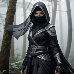 A captivating female ninja concealed within a mist-laden forest, her features partially obscured by a veil of fog, her attire a mix of stealthy dark fabrics and intricate silver detailing, the environment around her both haunting and enchanting