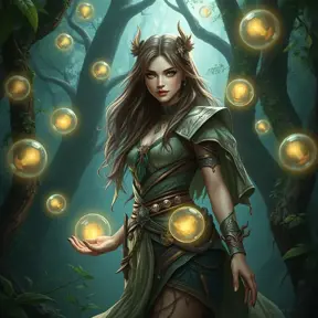 A breathtaking female mage in a lush, enchanted forest, surrounded by floating orbs of light, her attire a mix of natural elements and magical artifacts, her expression serene and focused