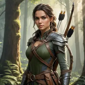 A beautiful female ranger standing amidst a dense, mystical forest, sunlight filtering through the leaves, highlighting her rugged yet elegant attire, her eyes sharp and focused, holding a traditional bow with a quiver of arrows slung over her shoulder, the background filled with ancient trees and a soft mist.