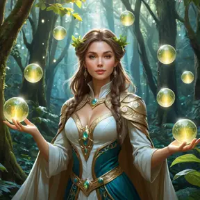 A breathtaking female mage in a lush, enchanted forest, surrounded by floating orbs of light, her attire a mix of natural elements and magical artifacts, her expression serene and focused