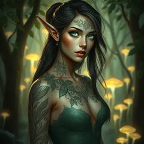 A stunning elf woman with intricate, leaf-patterned tattoos, standing amidst a luminous forest glade, her eyes reflecting the soft glow of bioluminescent fungi.