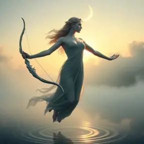 An ethereal depiction of Artemis, floating above a misty lake at dawn, her form outlined by the soft, golden light of the rising sun, her arms outstretched, holding a silver bow, her expression serene yet powerful, the surface of the lake reflecting the crescent moon above.