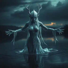 A dramatic portrayal of a female wraith from Elden Ring, emerging from a dark, foreboding lake at twilight, her form shimmering with an icy glow, her eyes reflecting the cold waters, her arms outstretched as if to embrace the encroaching darkness, the scene filled with an ominous silence.