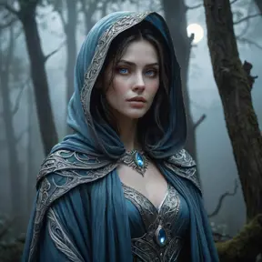 A hauntingly beautiful female wraith from Elden Ring, depicted in a misty, moonlit forest, her translucent form cloaked in ethereal robes that glow with an otherworldly light, her eyes a piercing blue as she gazes into the distance, surrounded by ancient, gnarled trees and a soft, eerie fog.