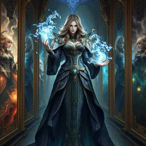 A magnificent female mage within a grand hall of mirrors, each reflecting her image surrounded by different magical effects, her outfit a masterpiece of intricate design and glowing runes