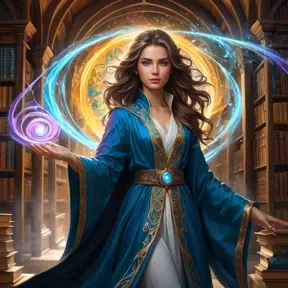 A beautiful female mage standing amidst a swirling vortex of colorful magical energies, her eyes glowing with an inner light, her robes flowing with the motion of the spell she's casting, set in a grand library filled with ancient tomes