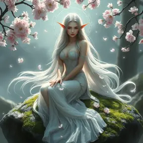 An ethereal elf maiden, her hair cascading like silver moonlight, seated gracefully on a moss-covered stone, surrounded by a halo of floating cherry blossoms.