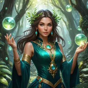 A breathtaking female mage in a lush, enchanted forest, surrounded by floating orbs of light, her attire a mix of natural elements and magical artifacts, her expression serene and focused