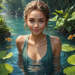 A breathtaking female ranger wading through a crystal-clear river, her clothes slightly damp, her hair tied back, a gentle smile on her face, surrounded by vibrant aquatic plants and curious fish, the water droplets glistening like jewels in the sunlight.