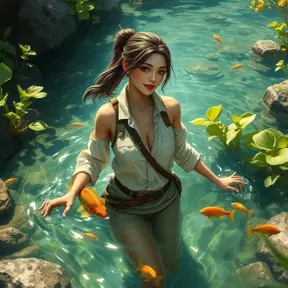 A breathtaking female ranger wading through a crystal-clear river, her clothes slightly damp, her hair tied back, a gentle smile on her face, surrounded by vibrant aquatic plants and curious fish, the water droplets glistening like jewels in the sunlight.