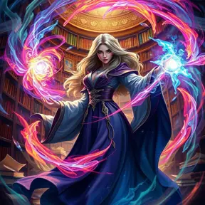 A beautiful female mage standing amidst a swirling vortex of colorful magical energies, her eyes glowing with an inner light, her robes flowing with the motion of the spell she's casting, set in a grand library filled with ancient tomes