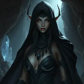 A mysterious dark elf lady, cloaked in shadows and adorned with obsidian jewelry, her eyes piercing and enigmatic, standing in a cavern bathed in the light of a thousand crystals.