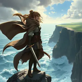 A magnificent female ranger standing at the edge of a cliff, the wind whipping her cloak around her, her gaze fixed on a distant horizon where the land meets the sea, her hand resting on the pommel of a dagger, the ocean waves crashing below, a sense of adventure and freedom in the air.