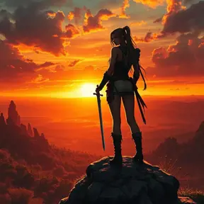 A stunning female ranger perched atop a rocky outcrop, overlooking a vast, sprawling wilderness at sunset, her silhouette sharply defined against the fiery sky, her hands resting on the hilt of a longsword, her expression one of calm determination, the landscape below teeming with wildlife.