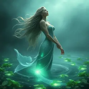 An ethereal female siren with long flowing hair, singing softly as she emerges from a misty lake, surrounded by bioluminescent algae that light up her translucent tail